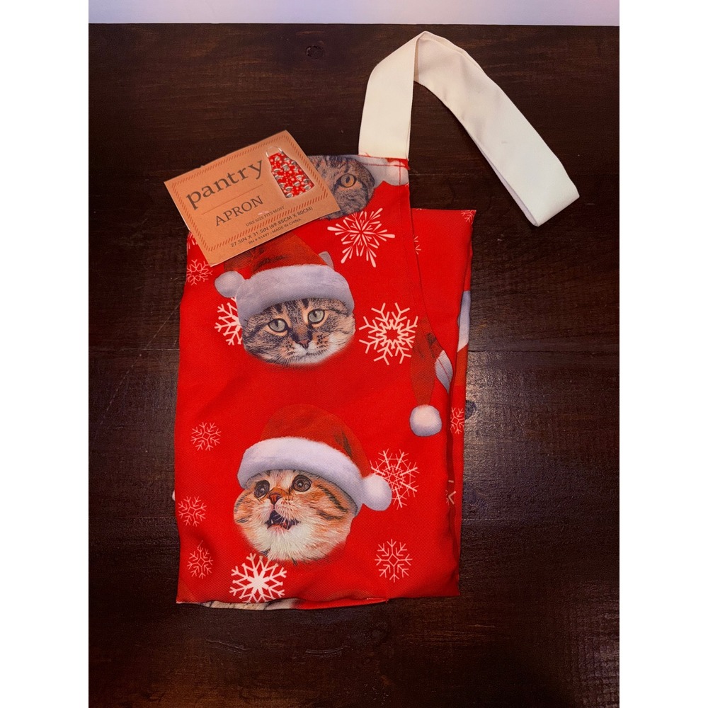 Pantry Christmas Apron Red Santa Cats Snowflakes One Size‎ New Holiday Kitchen